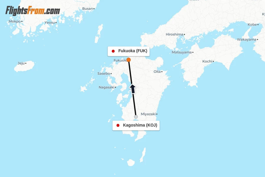 Flights from Kagoshima to Fukuoka route map