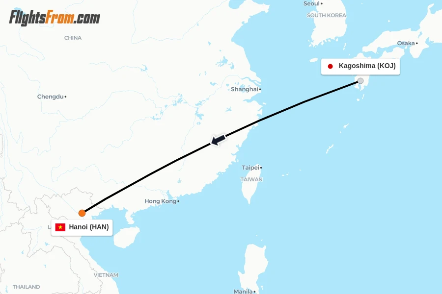 Flights from Kagoshima to Hanoi route map