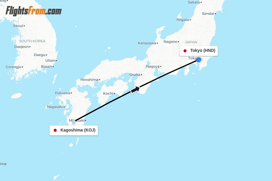Flights from Kagoshima to Tokyo route map