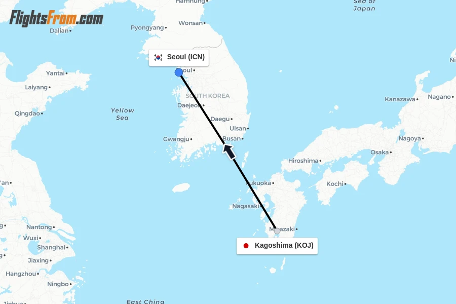 Flights from Kagoshima to Seoul route map