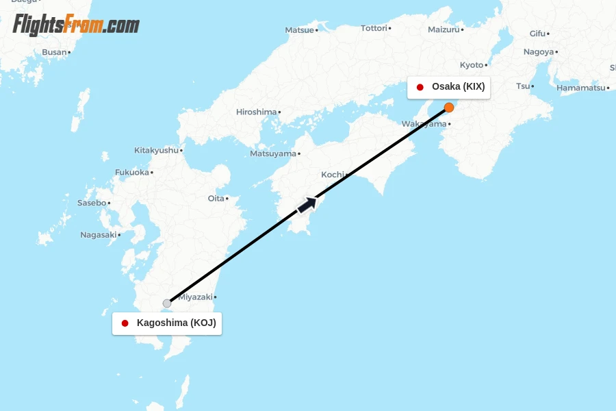 Flights from Kagoshima to Osaka route map