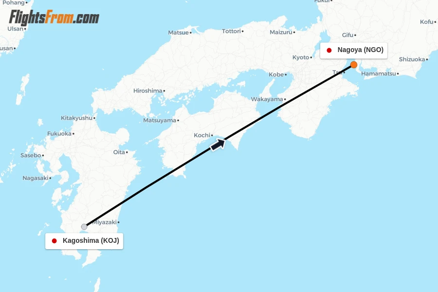 Flights from Kagoshima to Nagoya route map