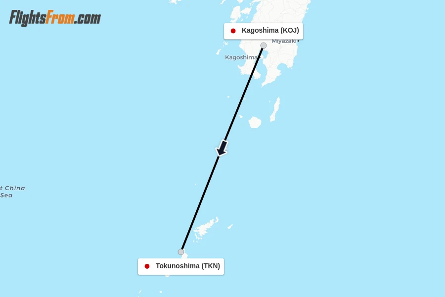 Flights from Kagoshima to Tokunoshima route map