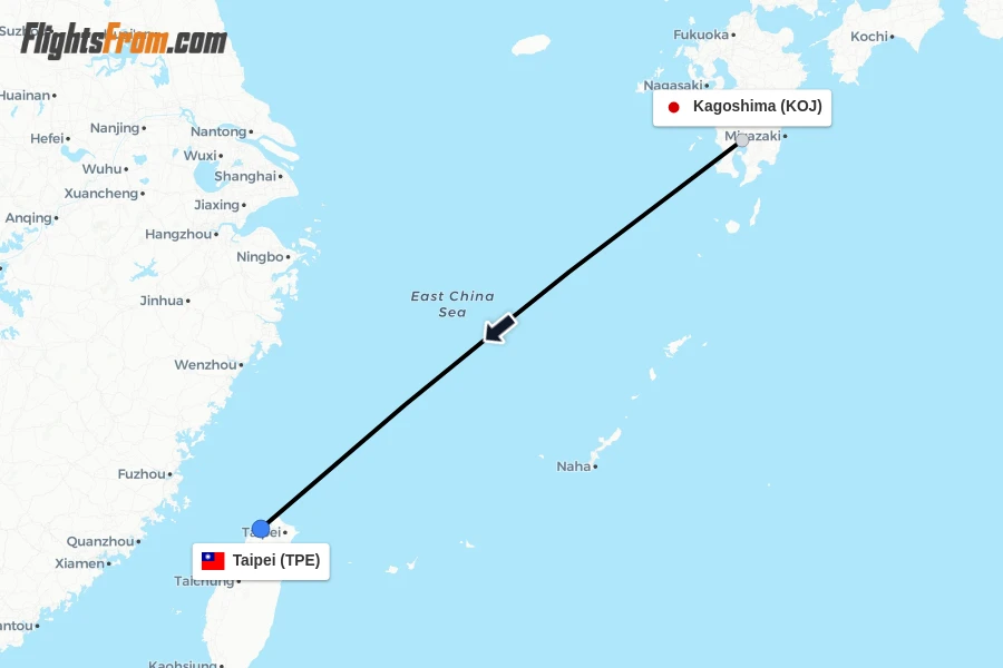 Flights from Kagoshima to Taipei route map