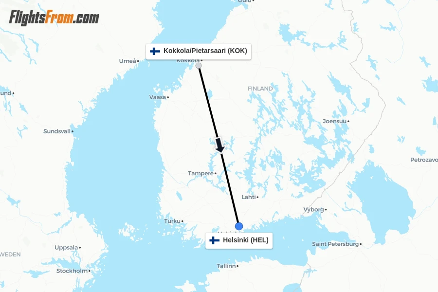 Flights from Kokkola/Pietarsaari to Helsinki route map
