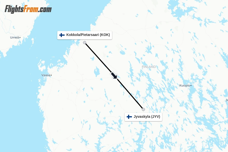 Flights from Kokkola/Pietarsaari to Jyvaskyla route map
