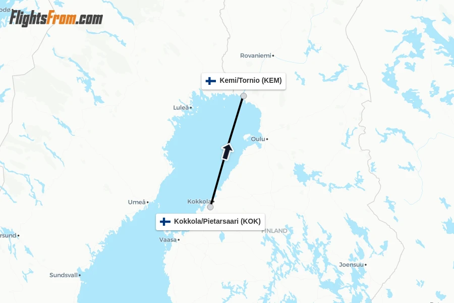 Flights from Kokkola/Pietarsaari to Kemi/Tornio route map