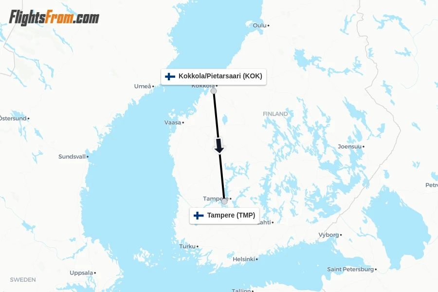 Flights from Kokkola/Pietarsaari to Tampere route map