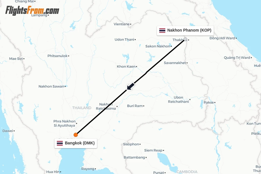 Flights from Nakhon Phanom to Bangkok route map
