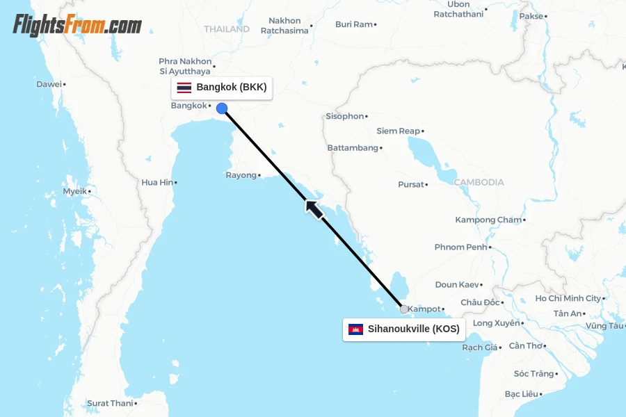Flights from Sihanoukville to Bangkok route map