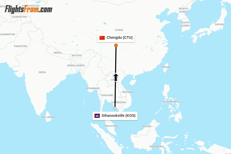 Flights from Sihanoukville to Chengdu route map