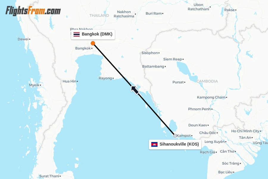 Flights from Sihanoukville to Bangkok route map
