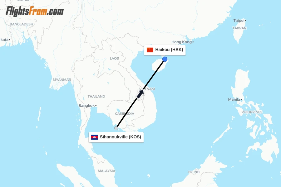 Flights from Sihanoukville to Haikou route map