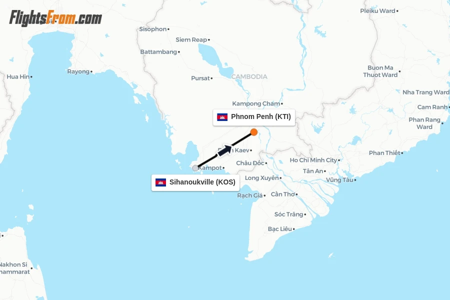 Flights from Sihanoukville to Phnom Penh route map