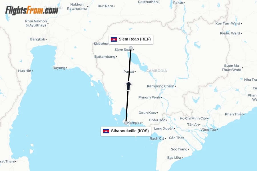 Flights from Sihanoukville to Siem Reap route map