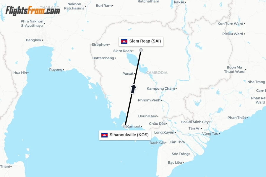 Flights from Sihanoukville to Siem Reap route map