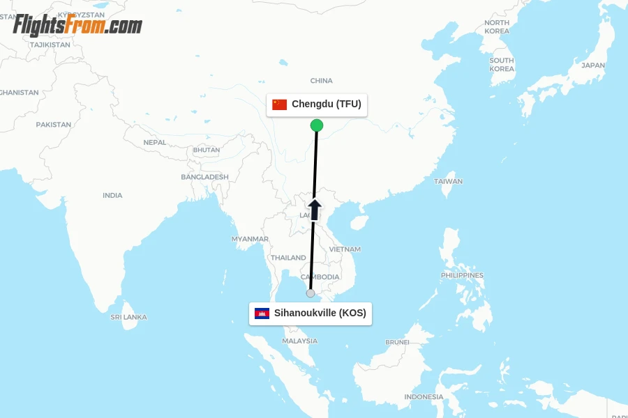 Flights from Sihanoukville to Chengdu route map