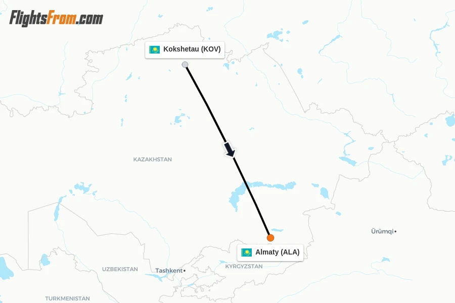 Flights from Kokshetau to Almaty route map