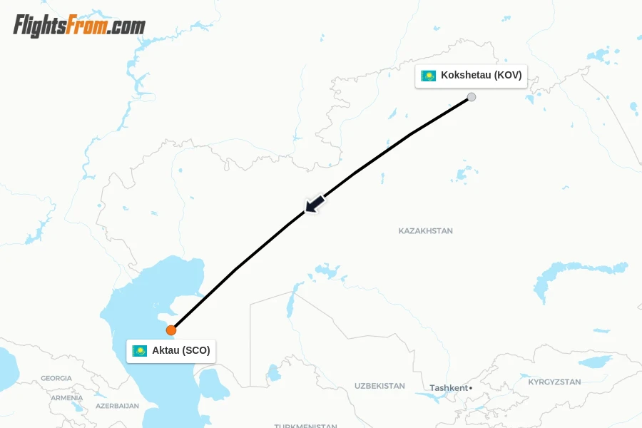 Flights from Kokshetau to Aktau route map