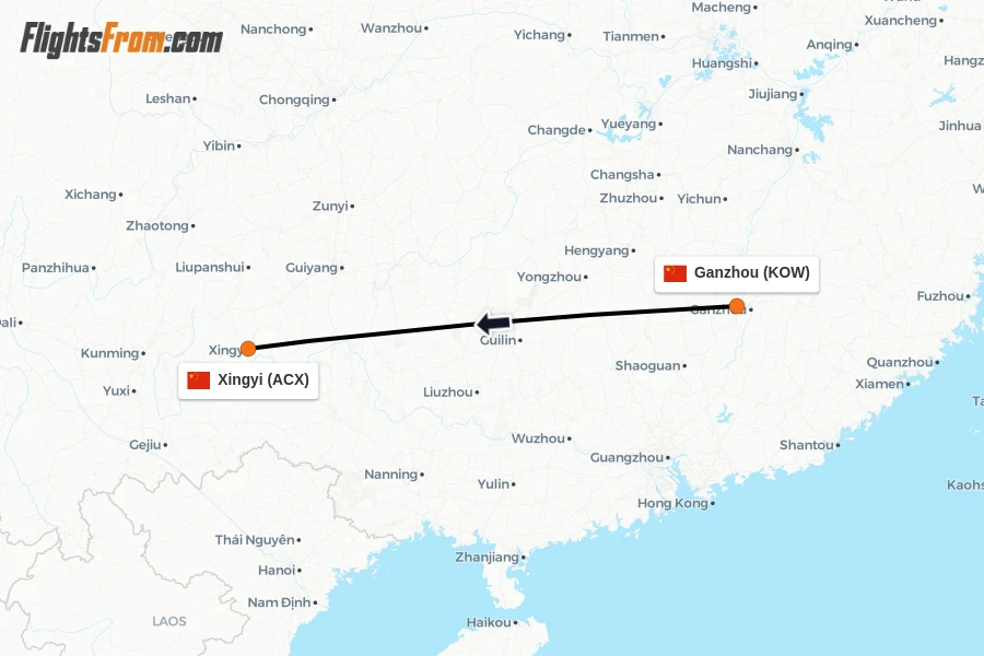 Flights from Ganzhou to Xingyi route map