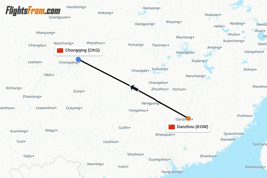 Flights from Ganzhou to Chongqing route map