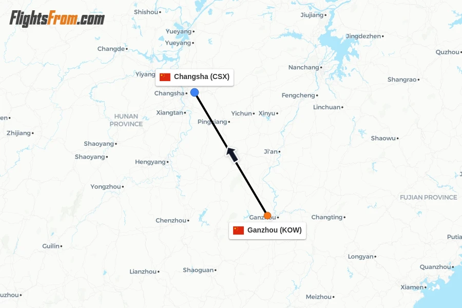 Flights from Ganzhou to Changsha route map