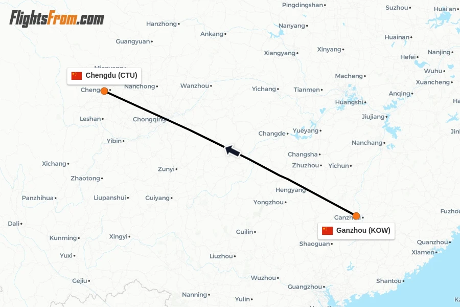 Flights from Ganzhou to Chengdu route map