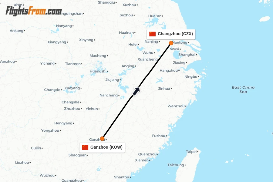 Flights from Ganzhou to Changzhou route map