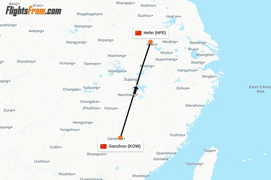 Flights from Ganzhou to Hefei route map