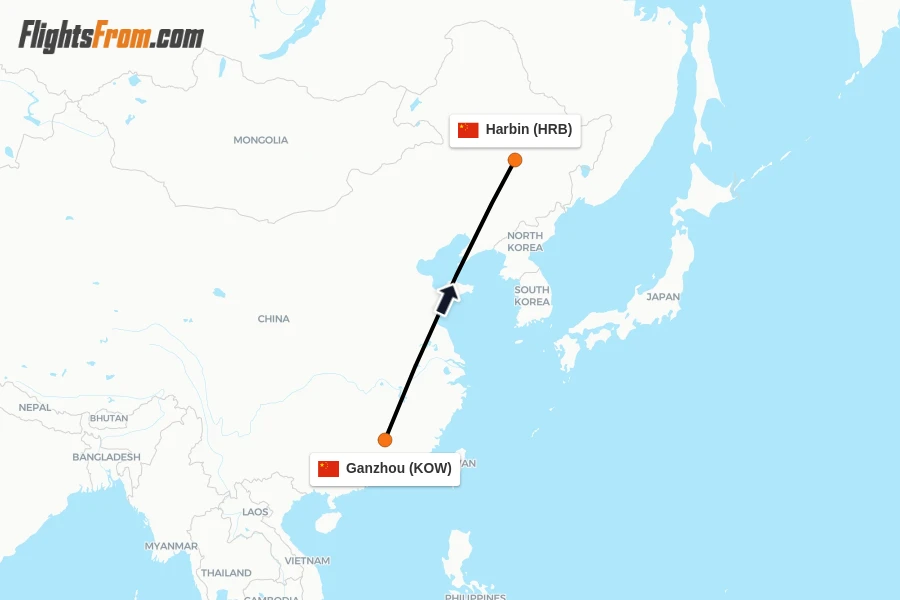 Flights from Ganzhou to Harbin route map
