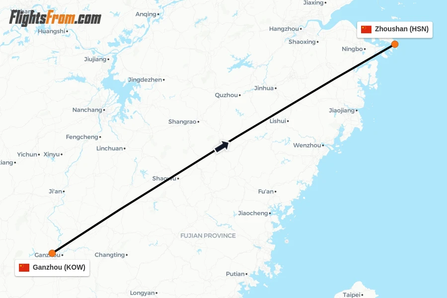 Flights from Ganzhou to Zhoushan route map