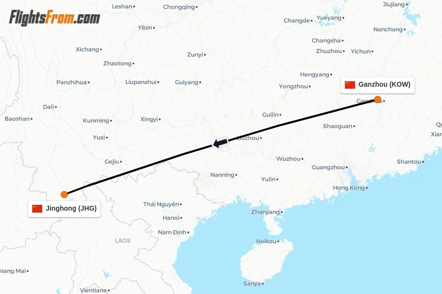 Flights from Ganzhou to Jinghong route map