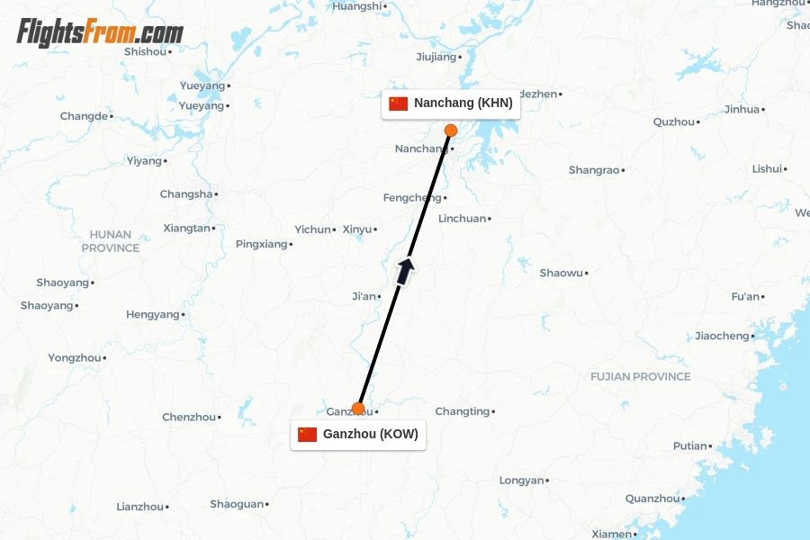 Flights from Ganzhou to Nanchang route map