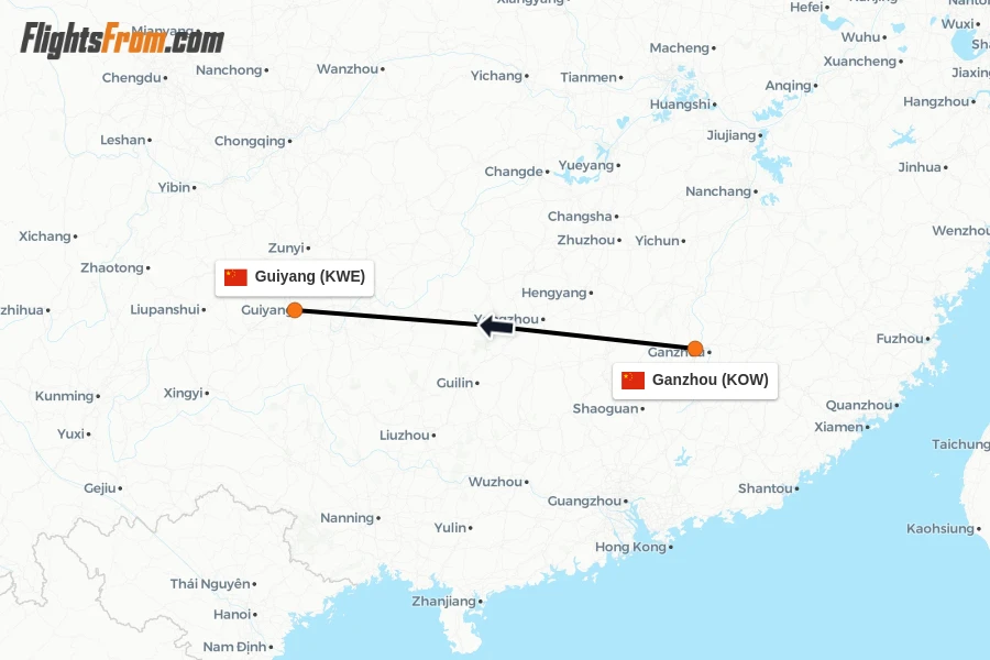 Flights from Ganzhou to Guiyang route map