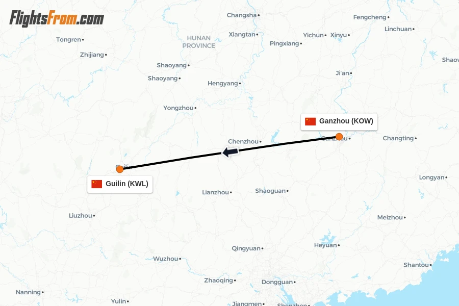 Flights from Ganzhou to Guilin route map