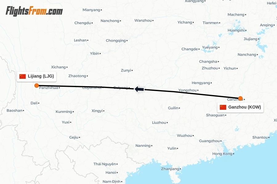 Flights from Ganzhou to Lijiang route map