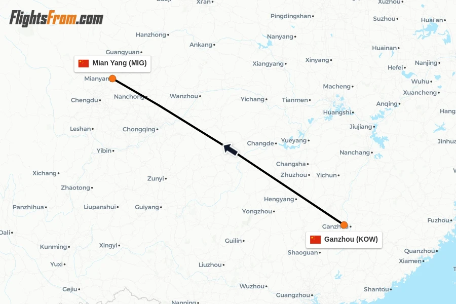 Flights from Ganzhou to Mian Yang route map