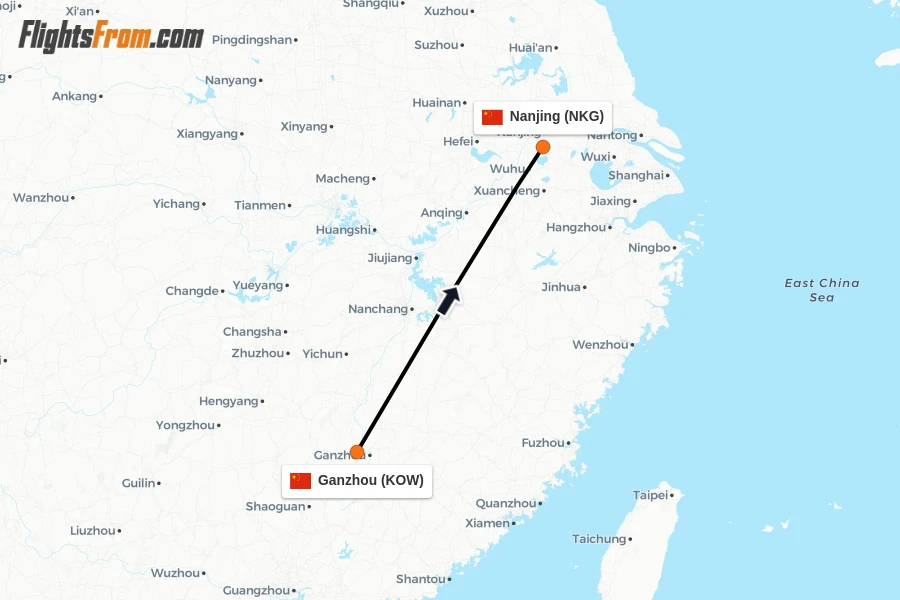 Flights from Ganzhou to Nanjing route map