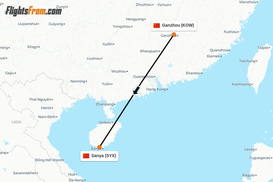Flights from Ganzhou to Sanya route map
