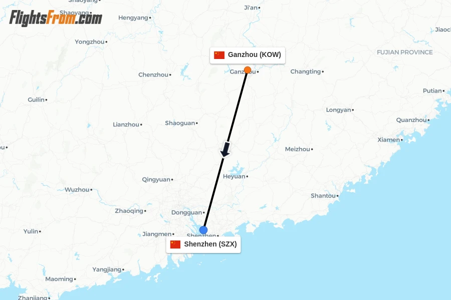 Flights from Ganzhou to Shenzhen route map