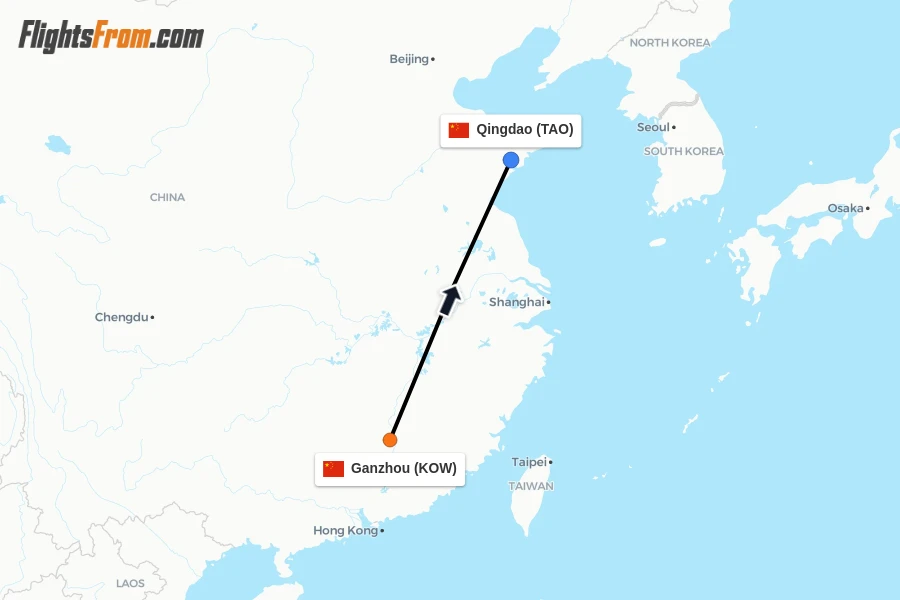 Flights from Ganzhou to Qingdao route map