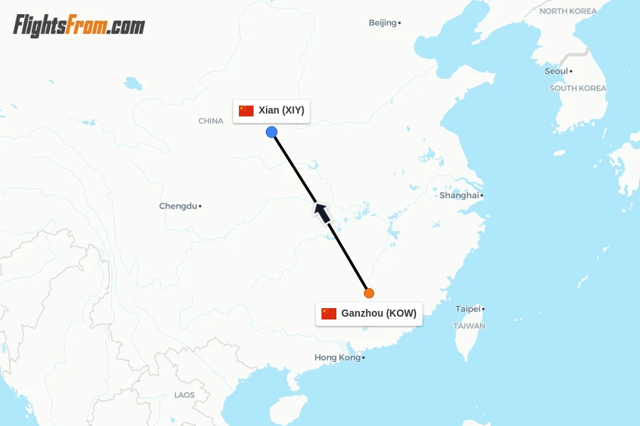 Flights from Ganzhou to Xian route map