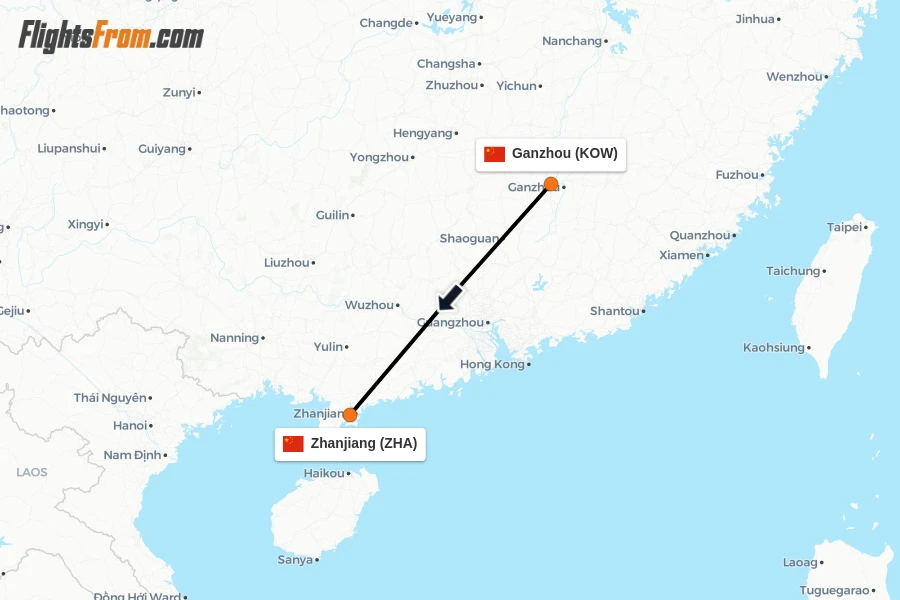 Flights from Ganzhou to Zhanjiang route map