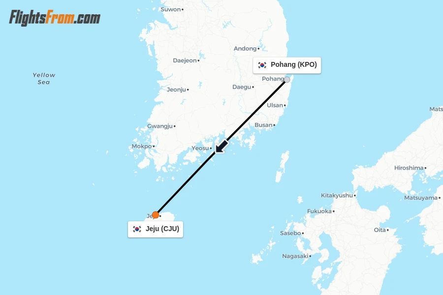 Flights from Pohang to Jeju route map