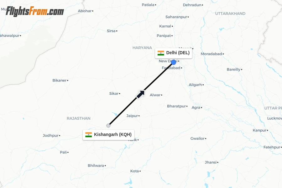 Flights from Kishangarh to Delhi route map