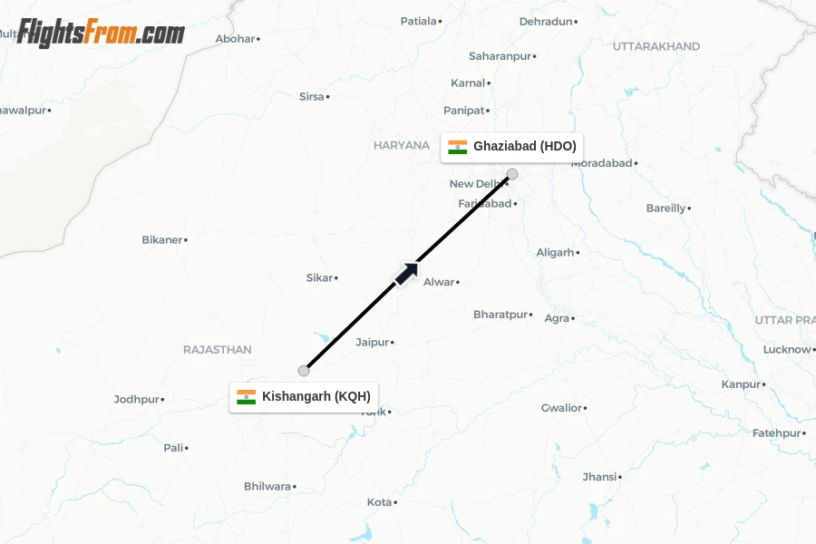 Flights from Kishangarh to Ghaziabad route map