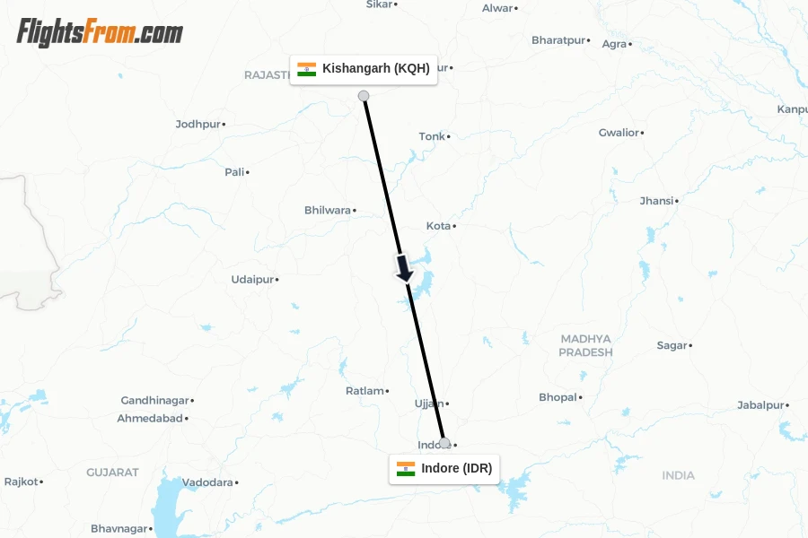 Flights from Kishangarh to Indore route map
