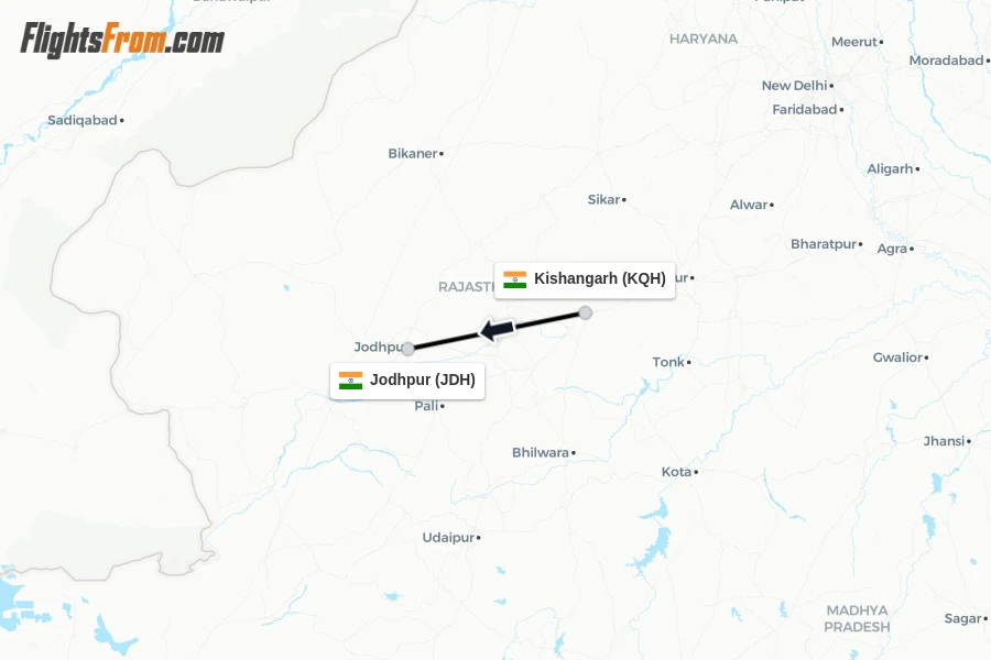 Flights from Kishangarh to Jodhpur route map
