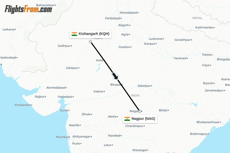 Flights from Kishangarh to Nagpur route map