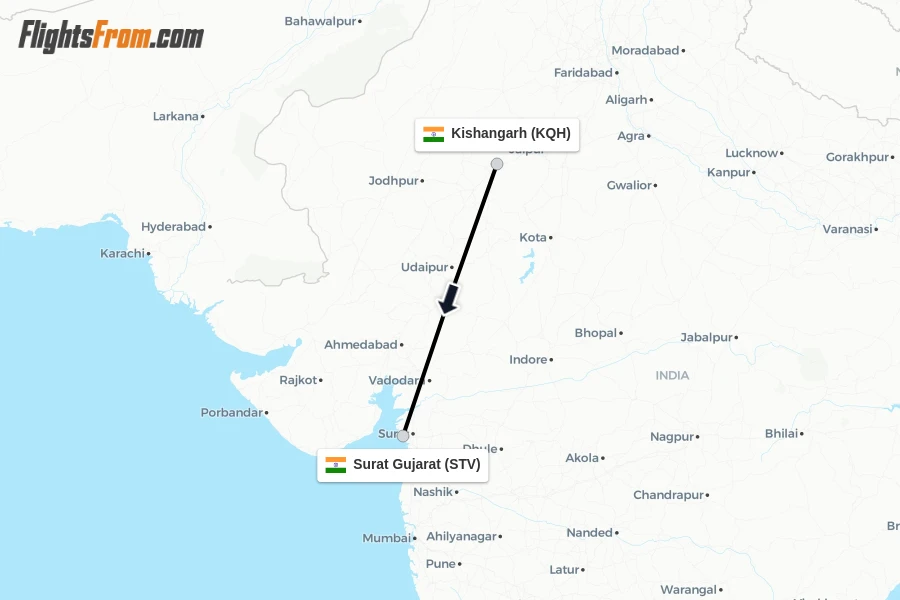 Flights from Kishangarh to Surat Gujarat route map